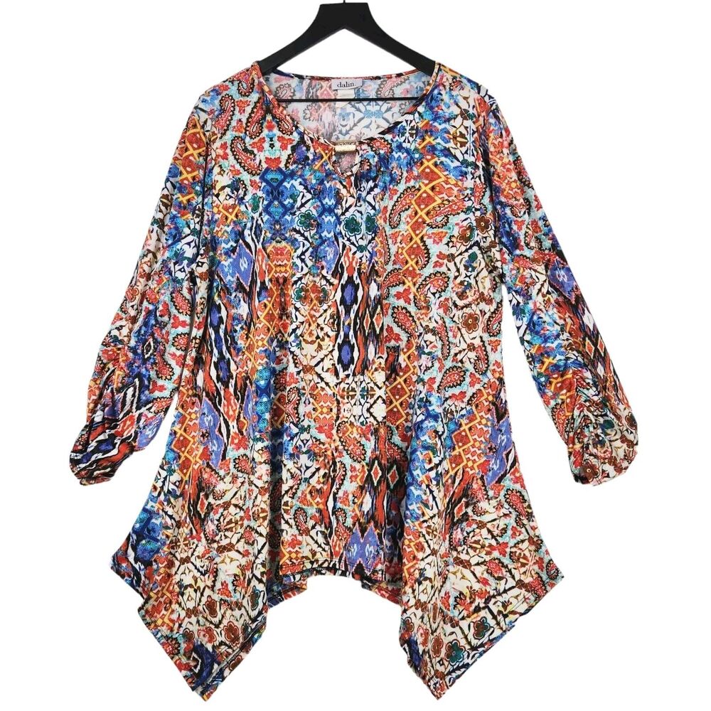 Dalin Womens Top 2X Keyhole Geo Graphic Print Ruched Sleeves Boho Artsy Stretch